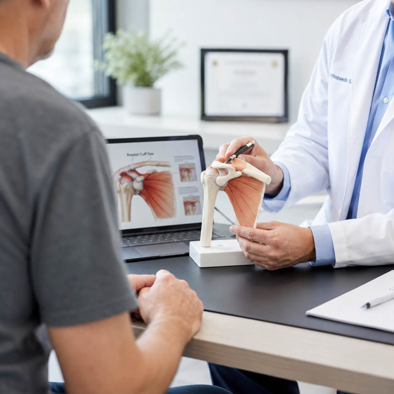 Orthopedic surgeon discussing rotator cuff repair with patient