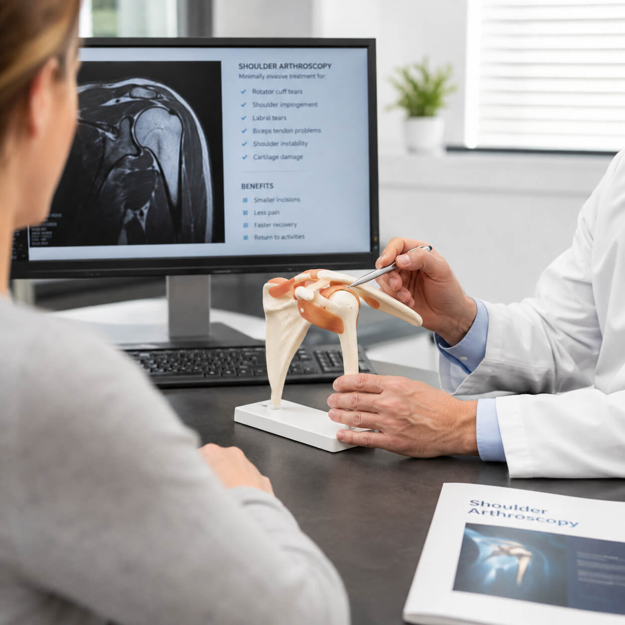 Orthopedic doctor explaining shoulder arthroscopy treatment to patient