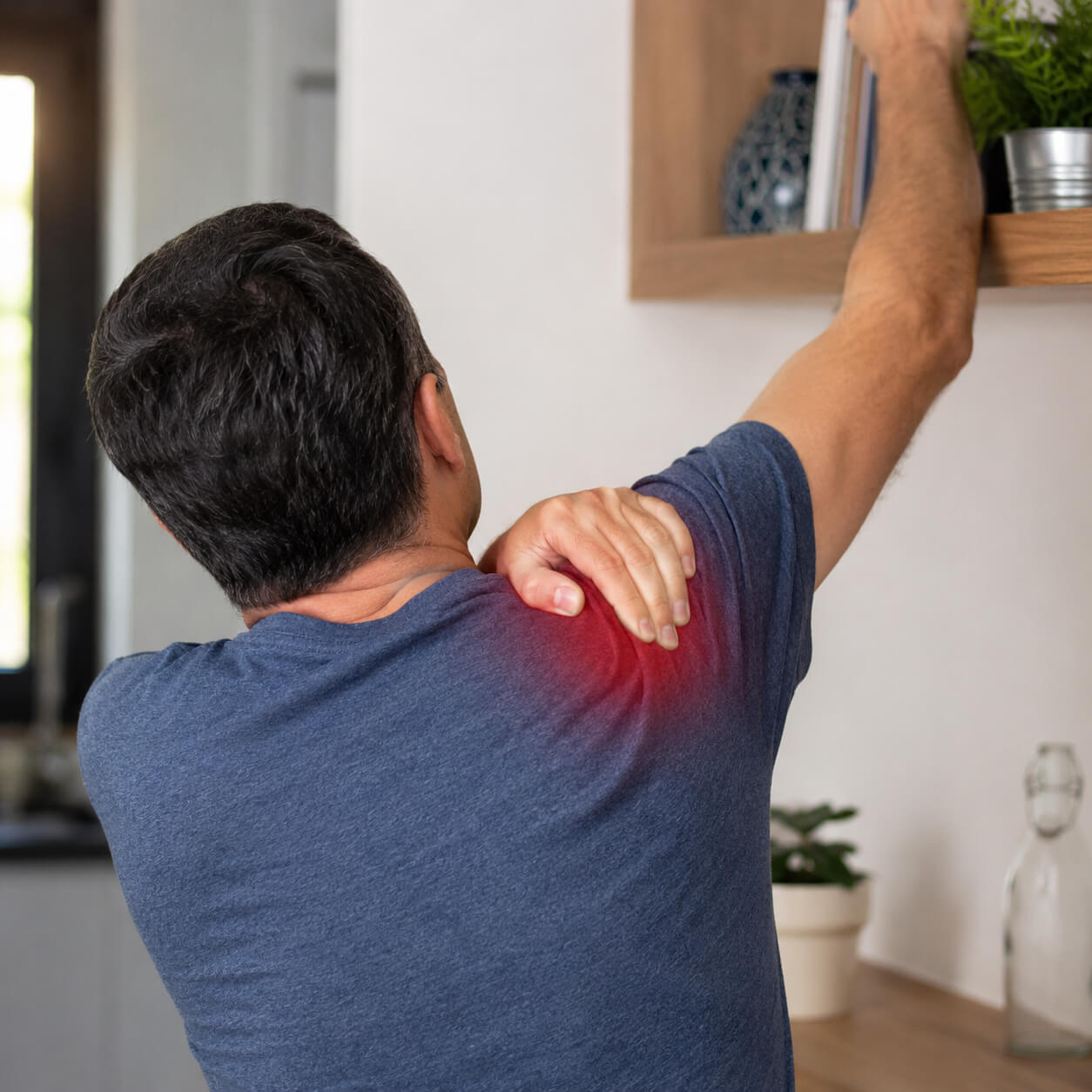 Patient experiencing shoulder pain while reaching overhead