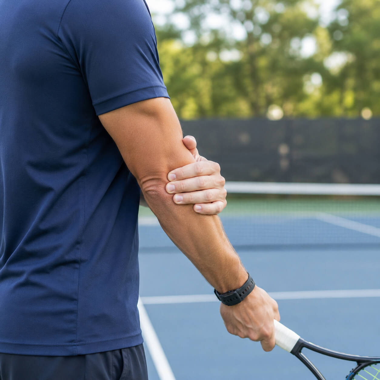 Patient holding outer elbow due to tennis elbow pain